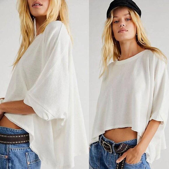 Free People We The Free CC Tee Cropped Oversized 100% Cotton Ivory White Boxy XS - Picture 1 of 16